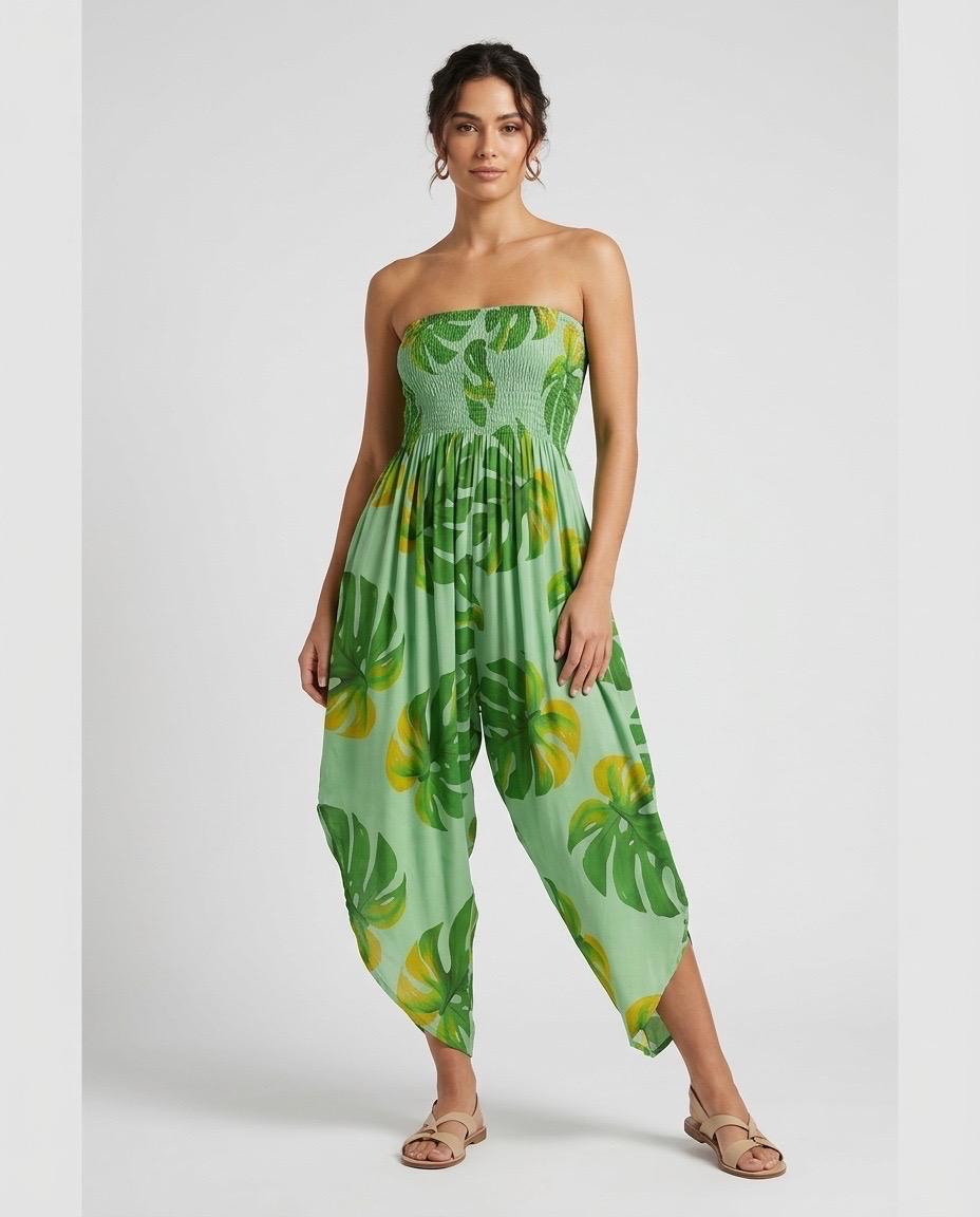 Shirred Elastic Bandeau Leaf Print Jumpsuit