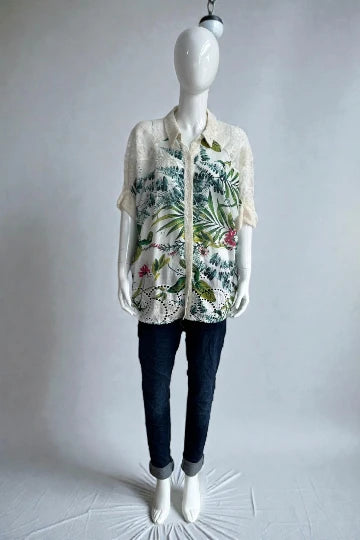 Zetaotto Lace Sleeves Floral  Broidery  Shirt