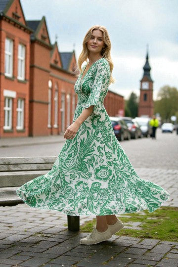 V- Neck Shirred Elastic Printed Dress