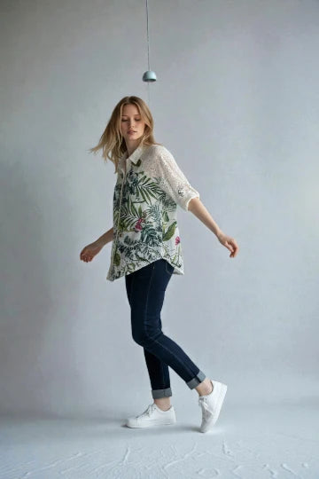 Zetaotto Lace Sleeves Floral  Broidery  Shirt