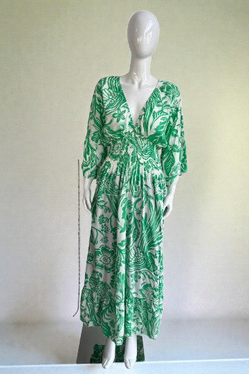 V- Neck Shirred Elastic Printed Dress