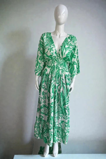 V- Neck Shirred Elastic Printed Dress