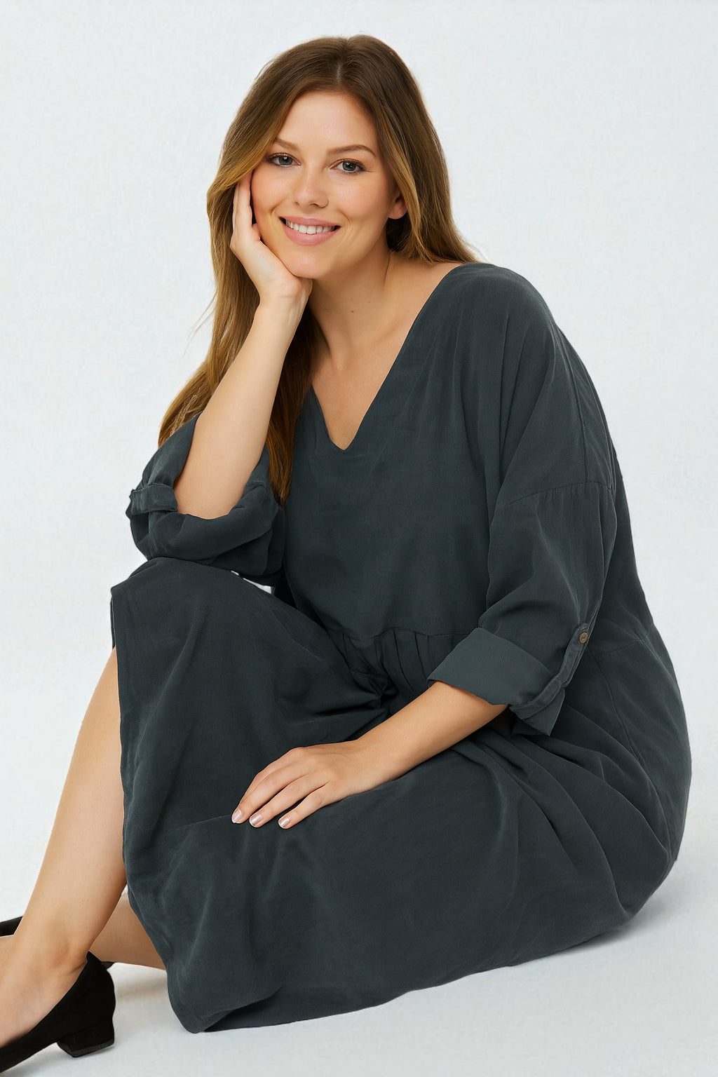 Made in Italy V Neck Corduroy Pleat Dress