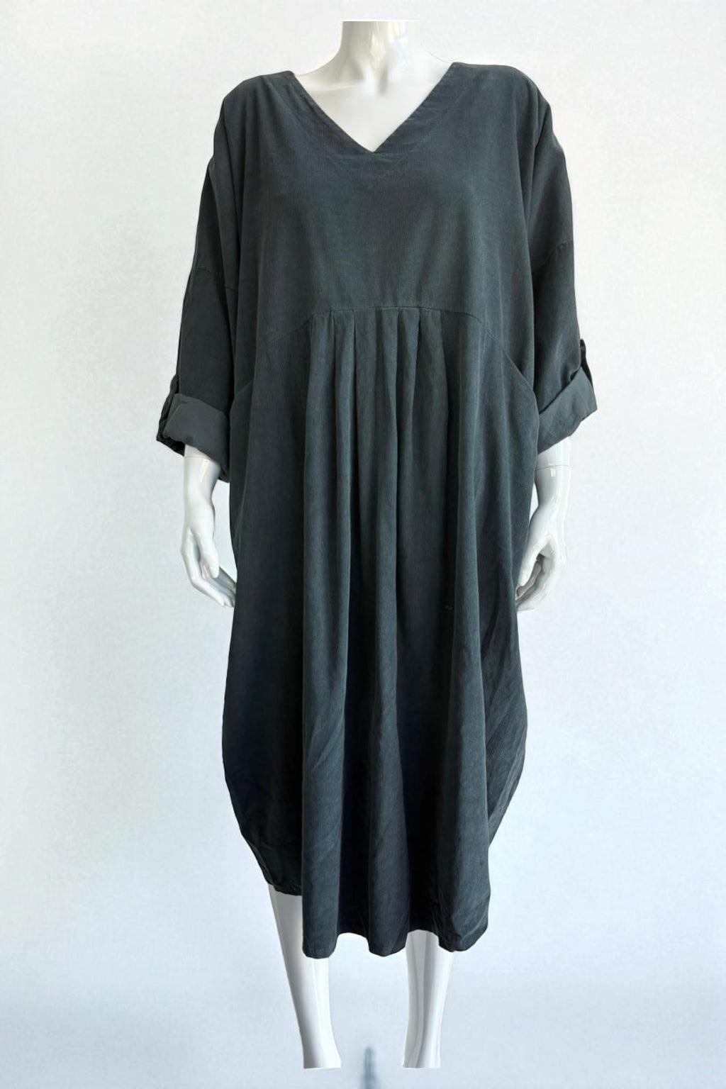 Made in Italy V Neck Corduroy Pleat Dress