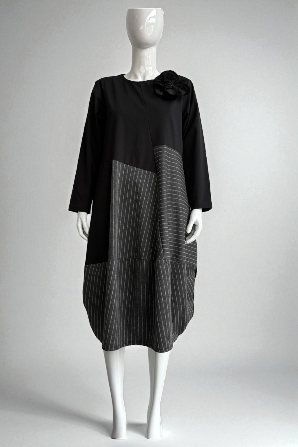 Asymmetric Patchwork Dress with Pinstripe Partywear