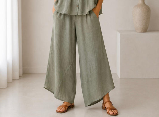 Linen Wide Leg Slant Hem Pant