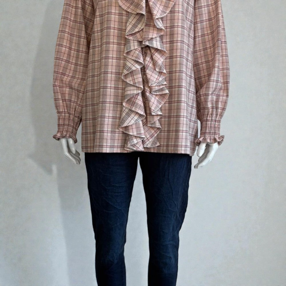 Made in Italy Cotton Plaid Frill Blouse