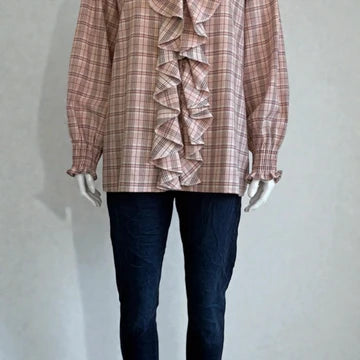 Made in Italy Cotton Plaid Frill Blouse