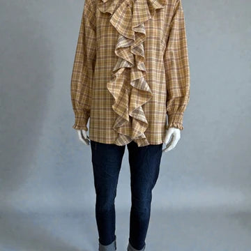 Made in Italy Cotton Plaid Frill Blouse