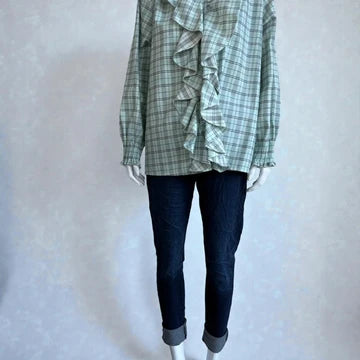 Made in Italy Cotton Plaid Frill Blouse