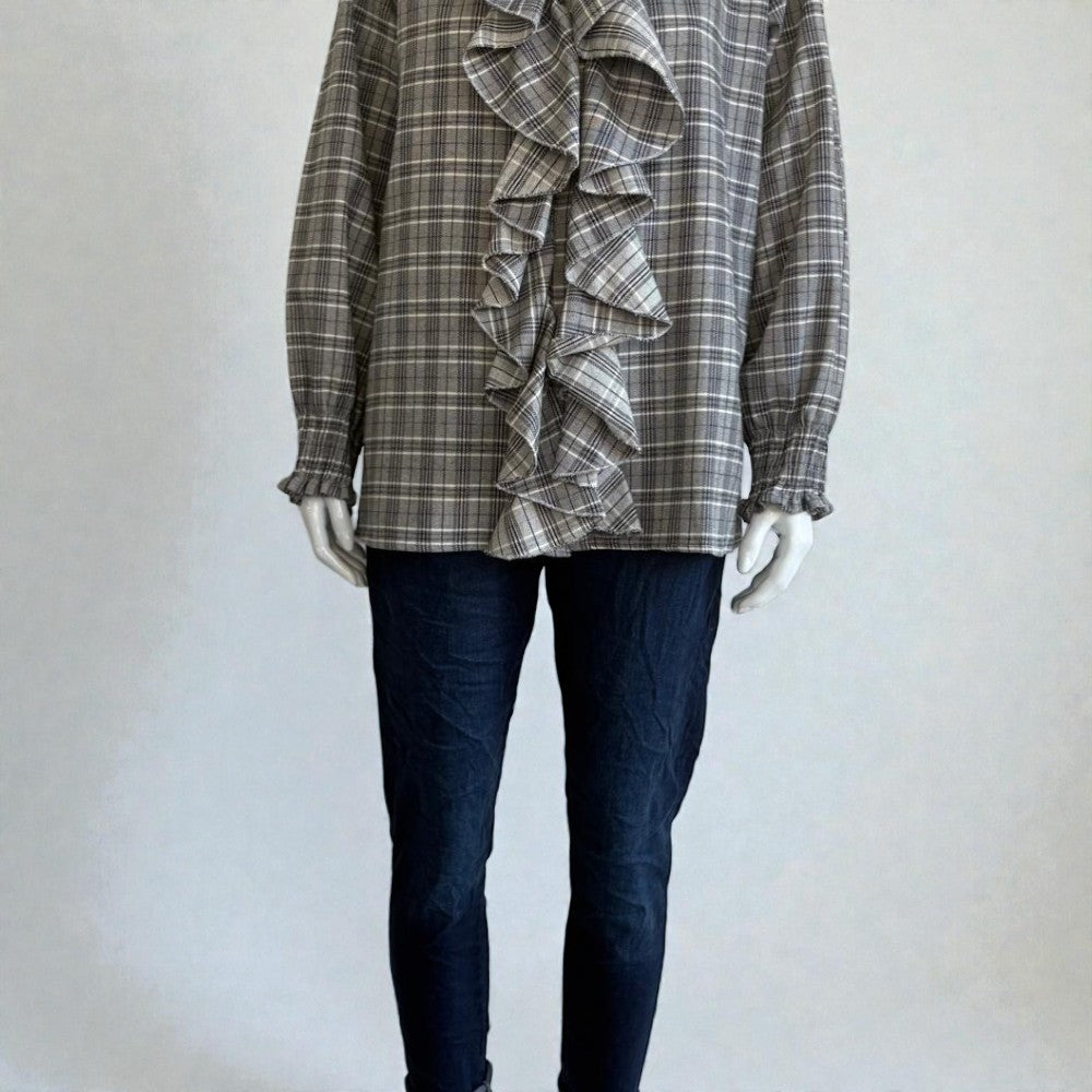 Made in Italy Cotton Plaid Frill Blouse