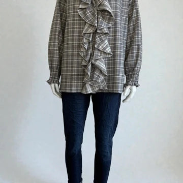 Made in Italy Cotton Plaid Frill Blouse