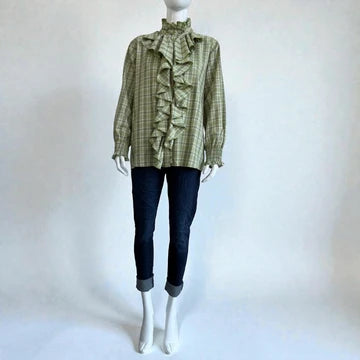 Made in Italy Cotton Plaid Frill Blouse