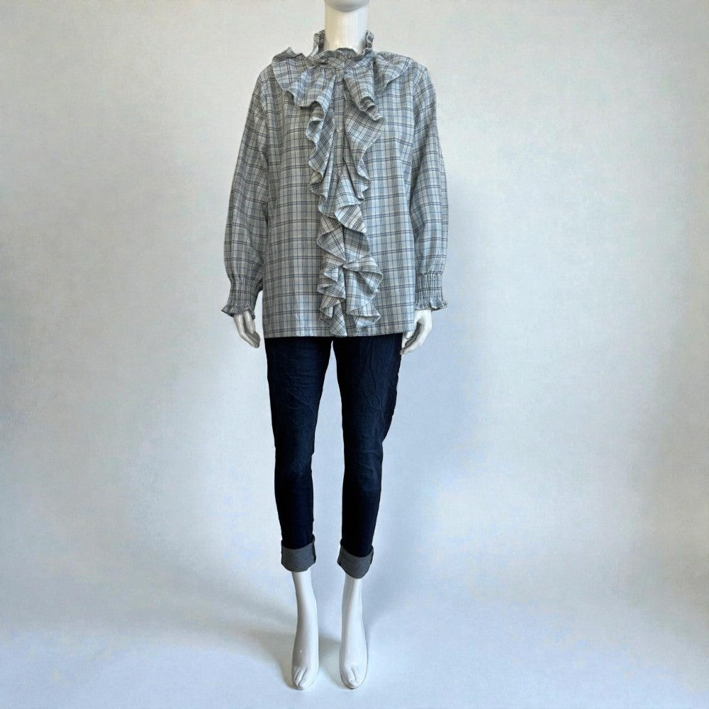 Made in Italy Cotton Plaid Frill Blouse