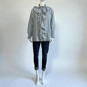 Made in Italy Cotton Plaid Frill Blouse