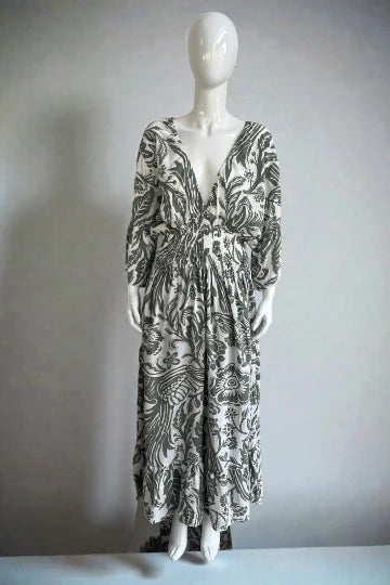 V- Neck Shirred Elastic Printed Dress