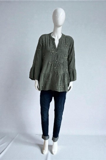 Made in Italy Waffle Cotton Embroided Smock Top