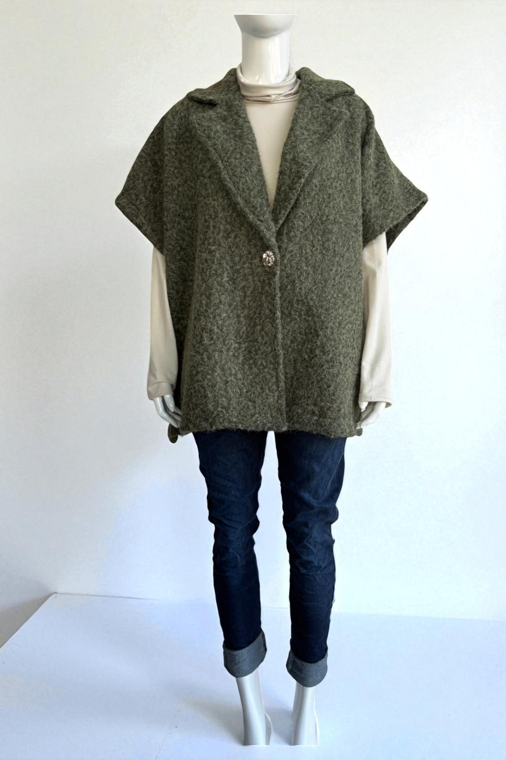 Women's Textured Wool Sleeveless Cape Jacket with Side Buttons