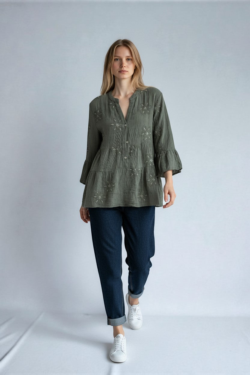 Made in Italy Waffle Cotton Embroided Smock Top