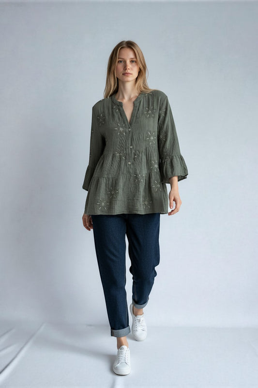 Made in Italy Waffle Cotton Embroided Smock Top