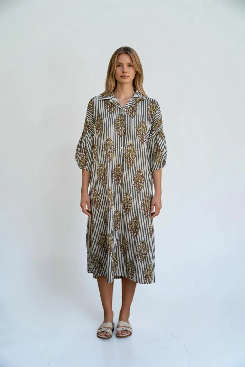 Cotton Puffball Sleeve stripe Floral Shirt Dress
