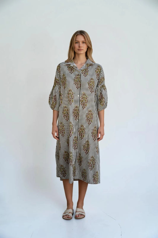 Cotton Puffball Sleeve stripe Floral Shirt Dress