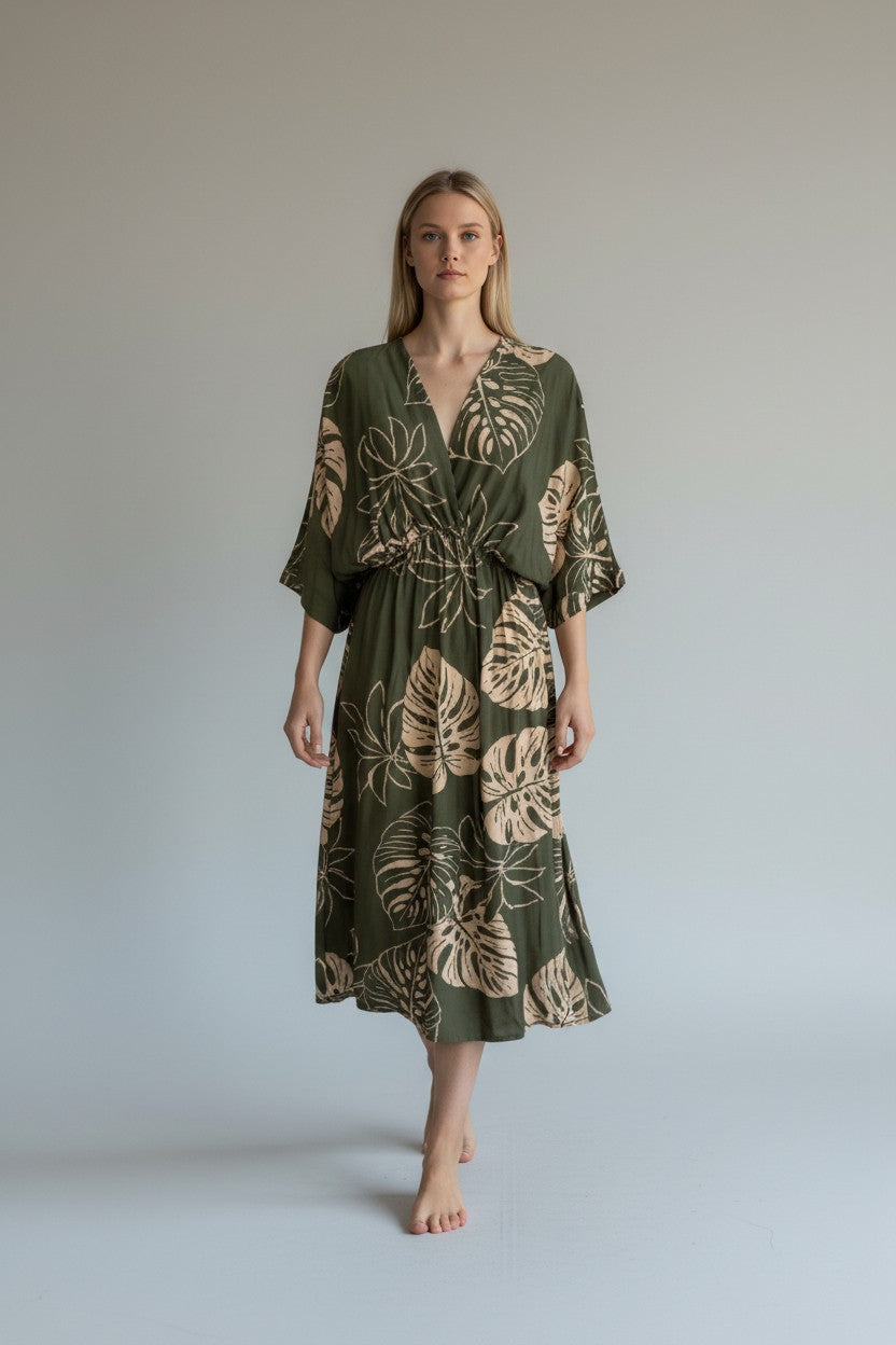 Made in Italy Tropical Leaf Print Dress Lagenlook