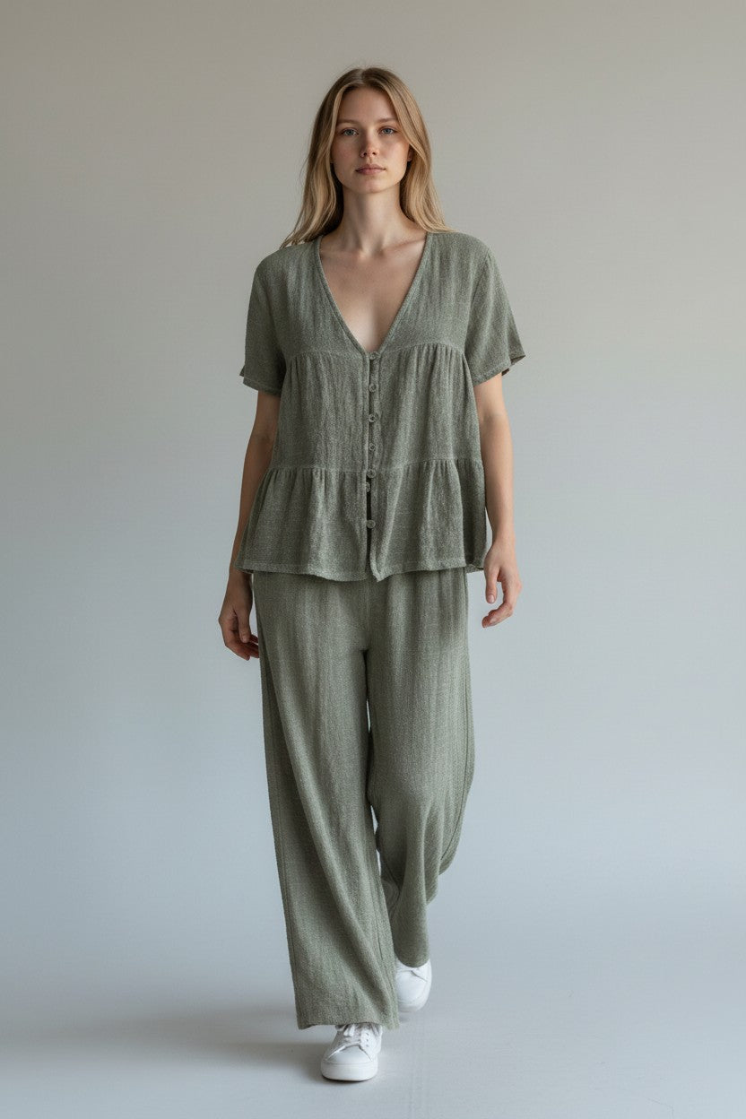 Linen Button Front Tier Top Lagenlook