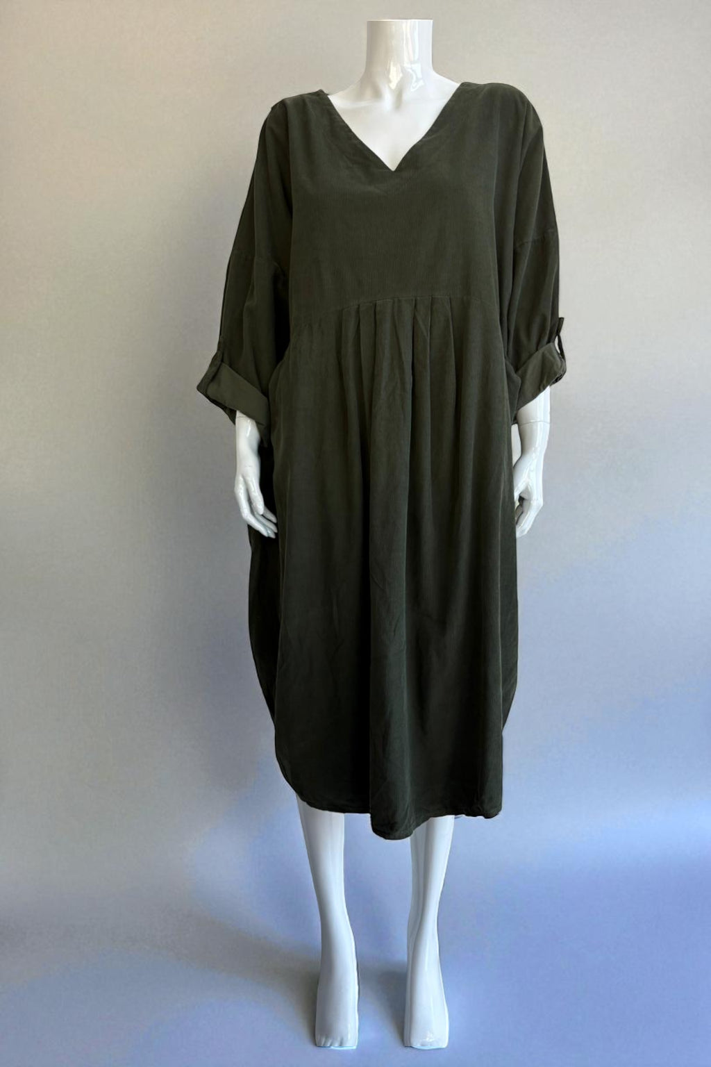 Made in Italy V Neck Corduroy Pleat Dress