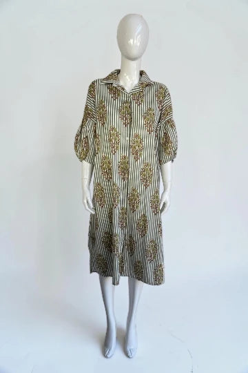 Cotton Puffball Sleeve stripe Floral Shirt Dress