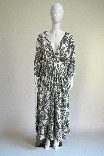 V- Neck Shirred Elastic Printed Dress