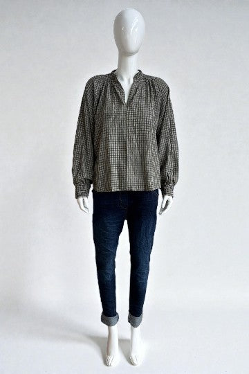 Gingham Peasant Blouse with Smocked Cuffs