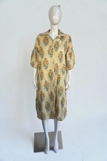Cotton Puffball Sleeve stripe Floral Shirt Dress