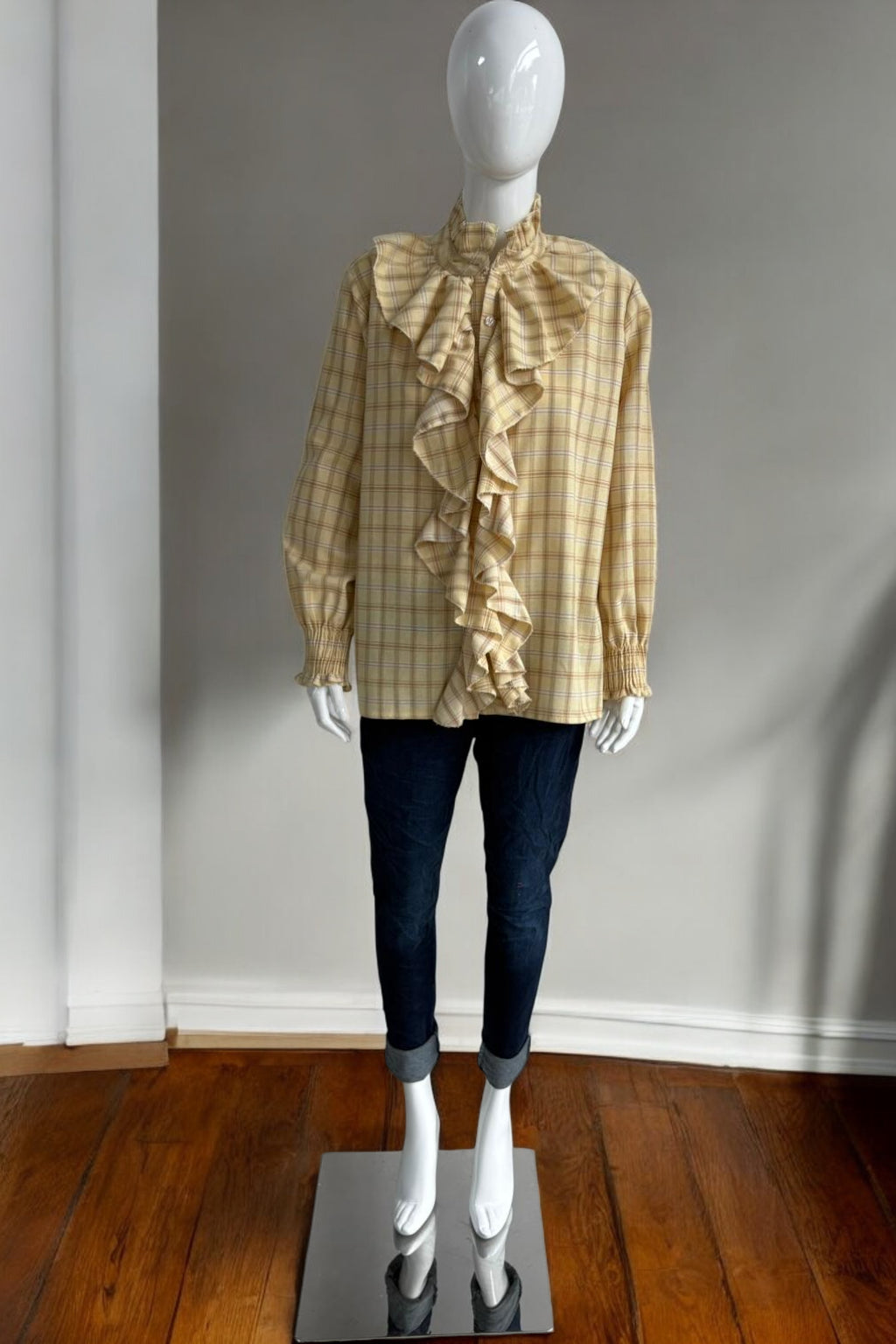 Made in Italy Cotton Plaid Frill Blouse