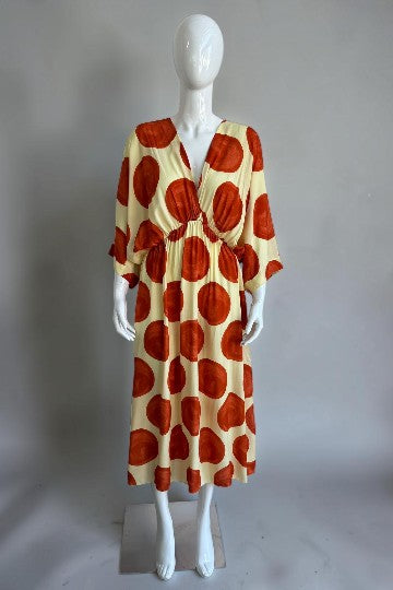 V Neck Elasticated waist Polka dot Dress