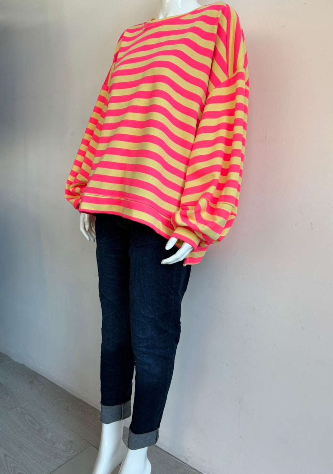 Made in Italy Balloon Sleeve Horizontal Stripe  Sweat Top