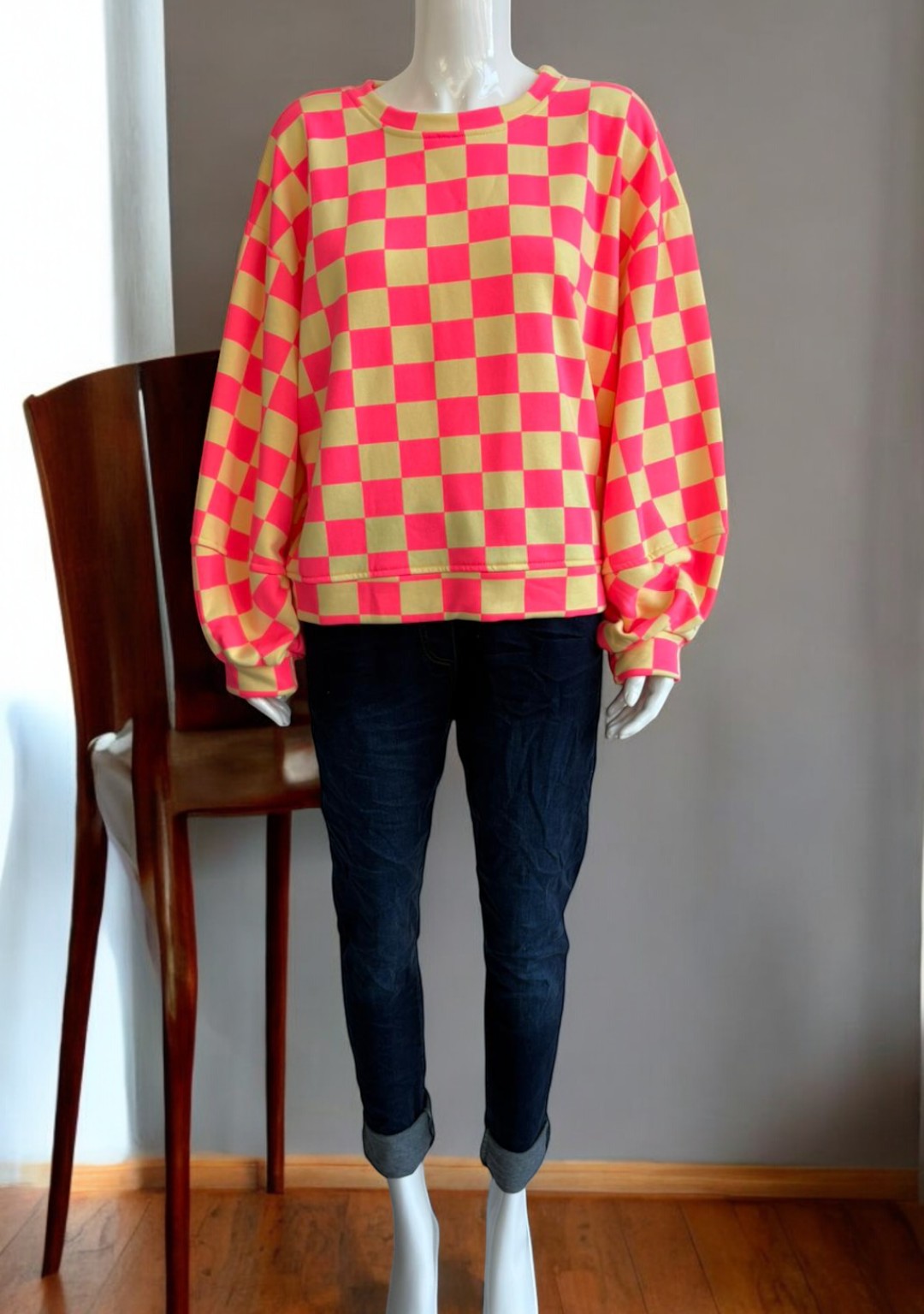 Made in Italy Balloon Sleeve Check Sweat Top