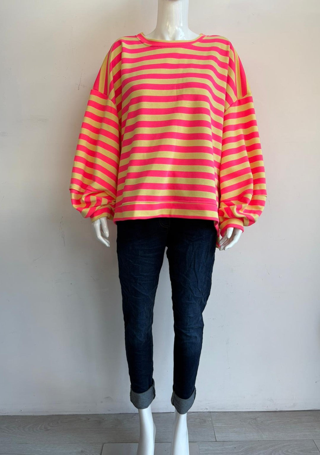 Made in Italy Balloon Sleeve Horizontal Stripe  Sweat Top