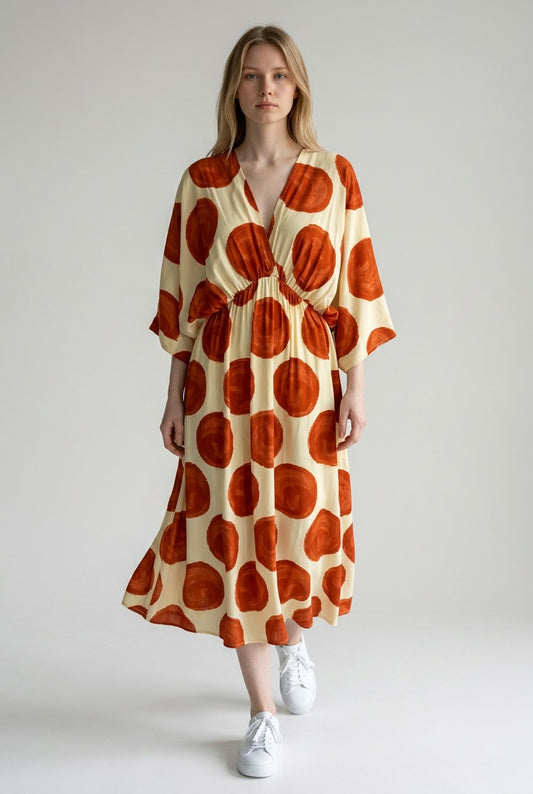 V Neck Elasticated waist Polka dot Dress