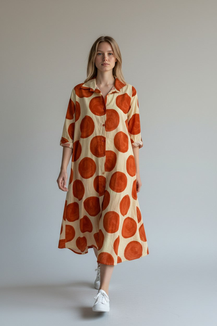 Cotton A Line Circle Print Shirt Dress