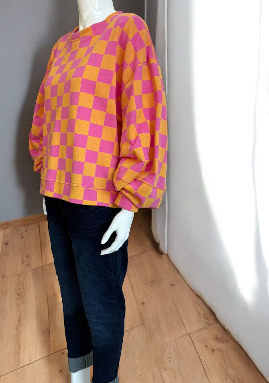 Made in Italy Balloon Sleeve Check Sweat Top