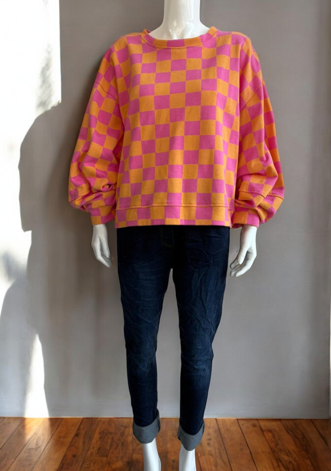 Made in Italy Balloon Sleeve Check Sweat Top