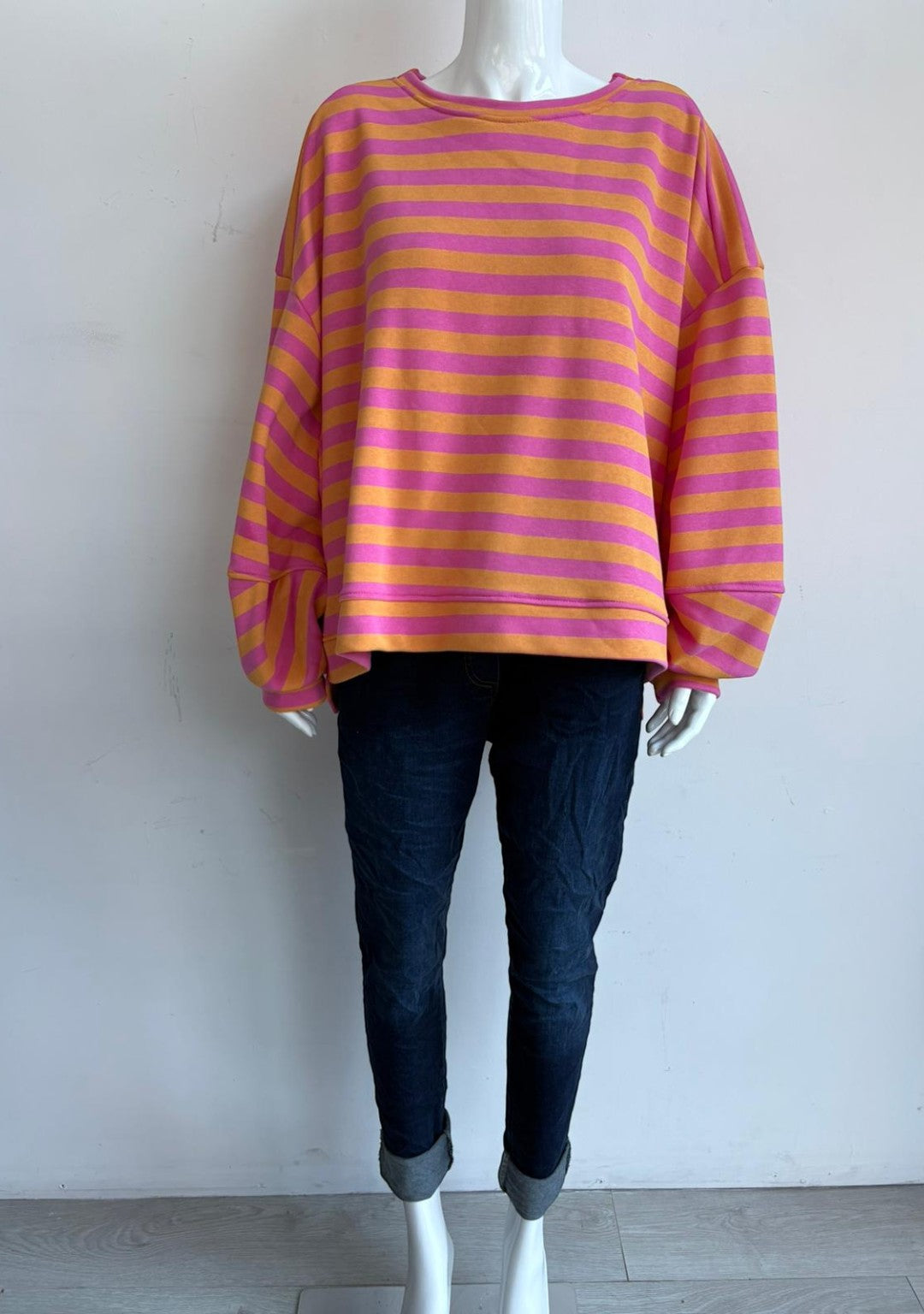 Made in Italy Balloon Sleeve Horizontal Stripe  Sweat Top