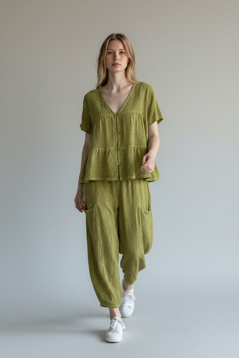 Linen Button Front Tier Top Lagenlook