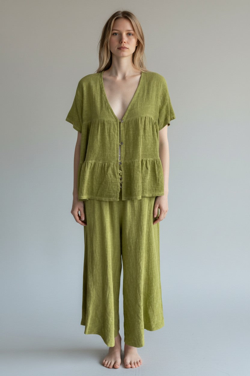 Linen Wide Leg Slant Hem Pant