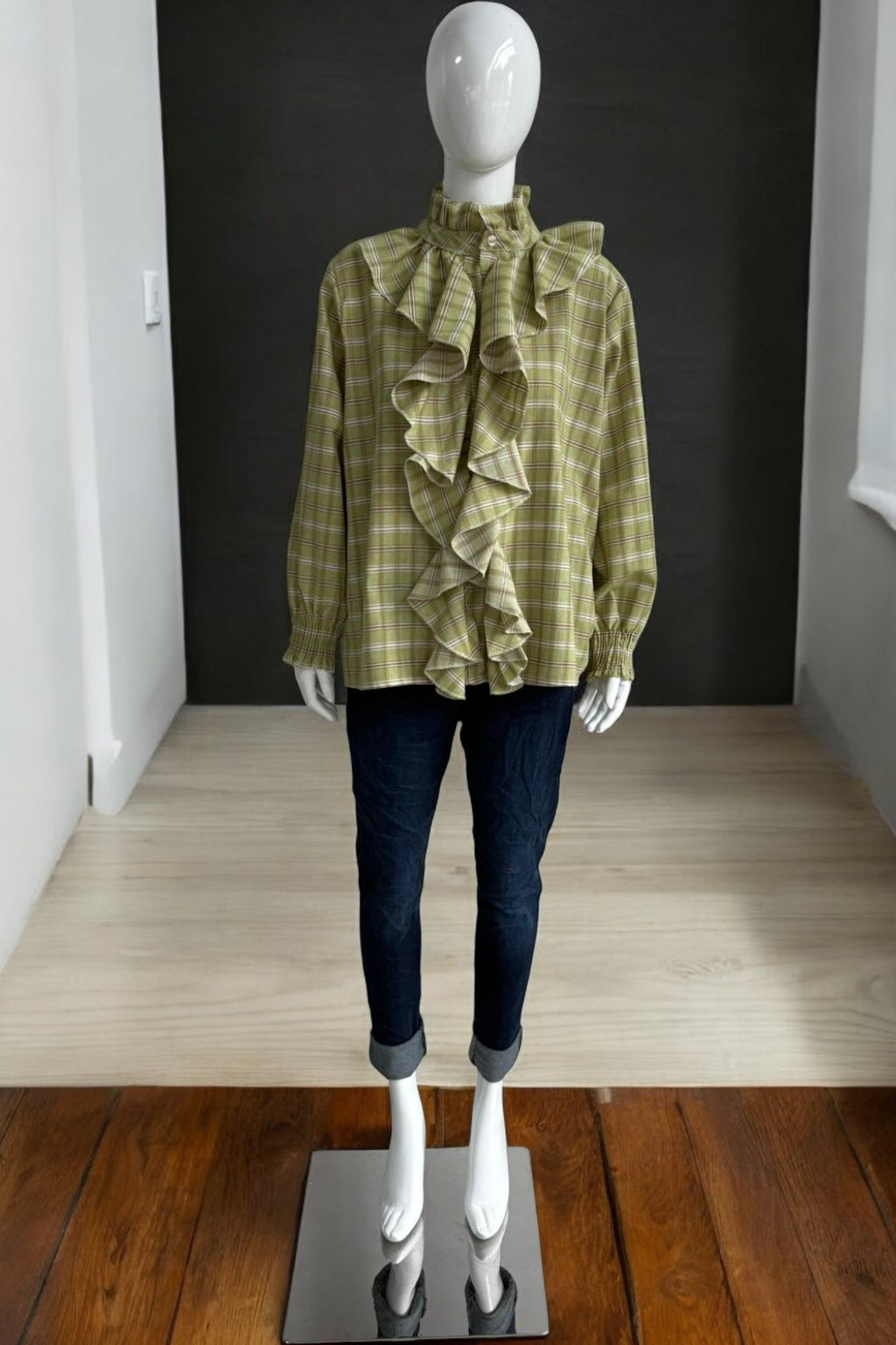 Made in Italy Cotton Plaid Frill Blouse