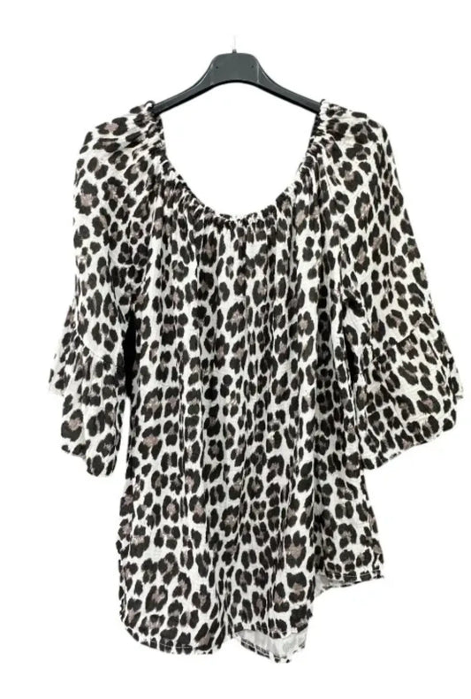 Made in Italy Cheesecloth Leopard Print Bardot Top