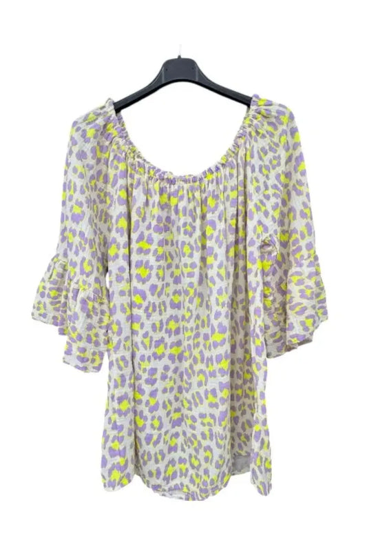 Made in Italy Cheesecloth Leopard Print Bardot Top