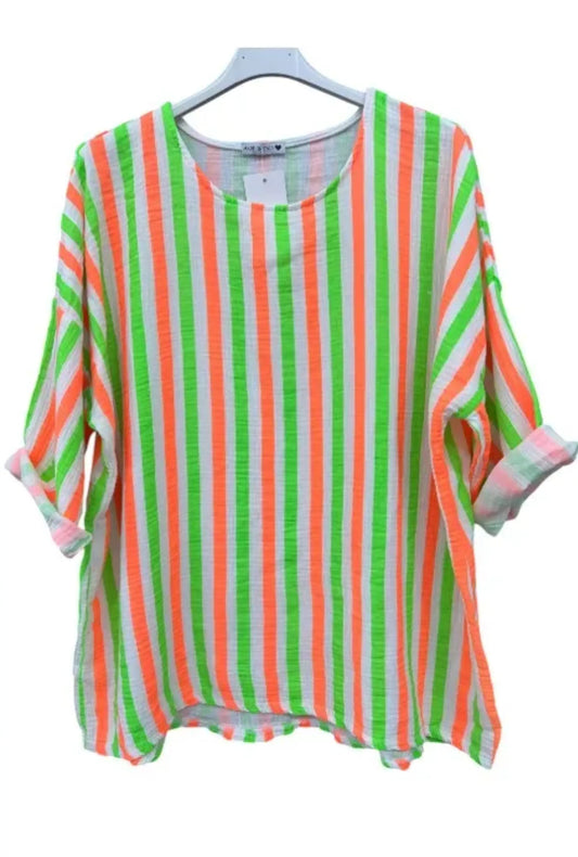 Made in Italy Cheesecloth Neon Stripe Print Top