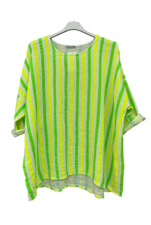 Made in Italy Cheesecloth Neon Stripe Print Top